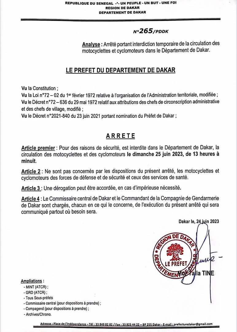 Risque De Tensions Le Pr Fet De Dakar Interdit La Circulation Des