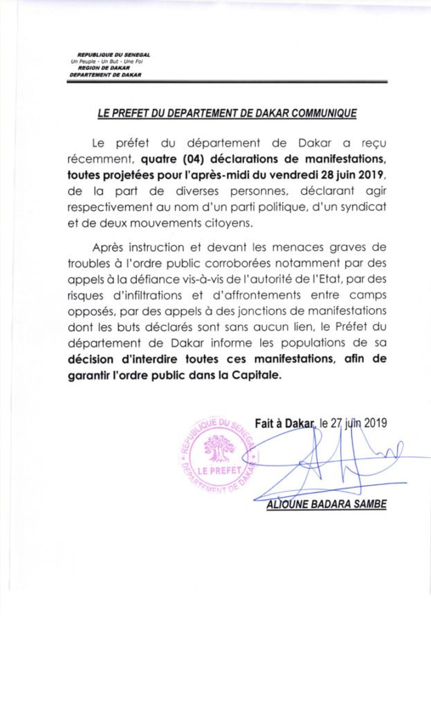 Toutes les manifestations prévues aujourd'hui à la Place de là Nation sont interdites par le Préfet de Dakar (DOCUMENT)