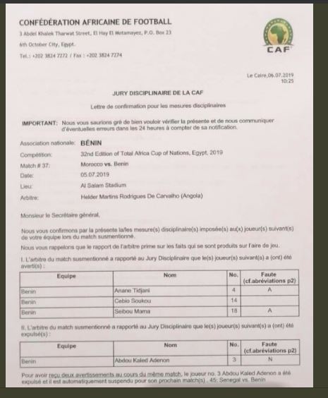 Bonne nouvelle pour le Sénégal : La CAF maintient la suspension d’un joueur clé du Bénin (document)