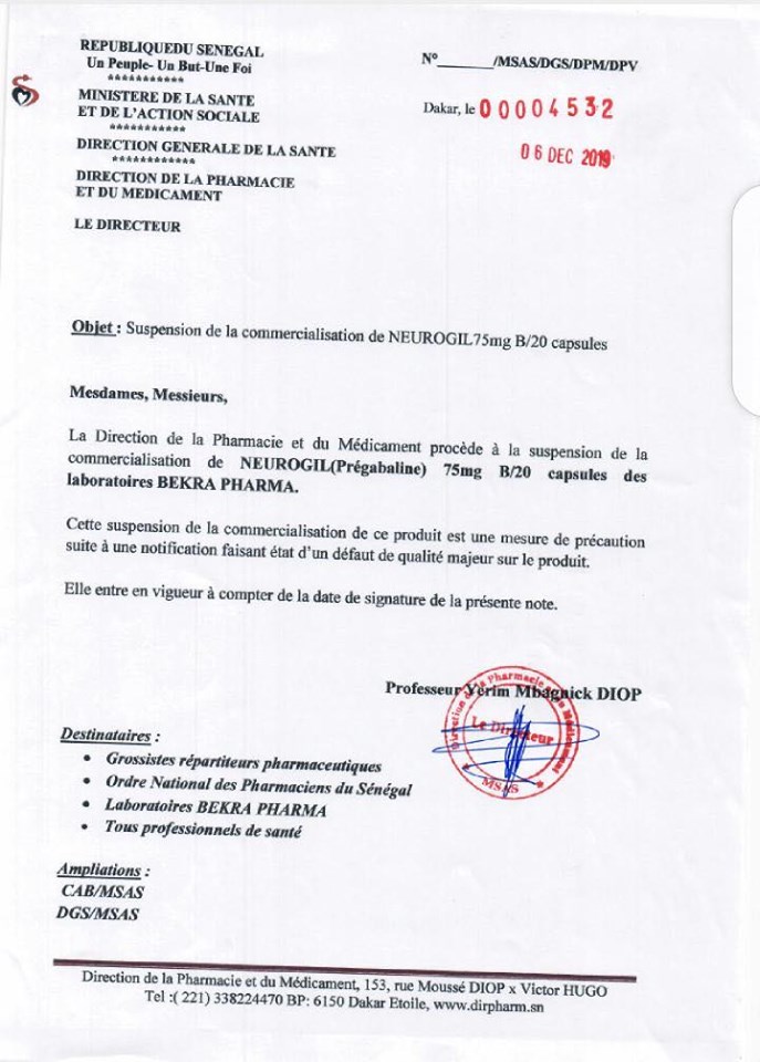Santé : Retrait du médicament Neurogil 75mg des officines de pharmacie