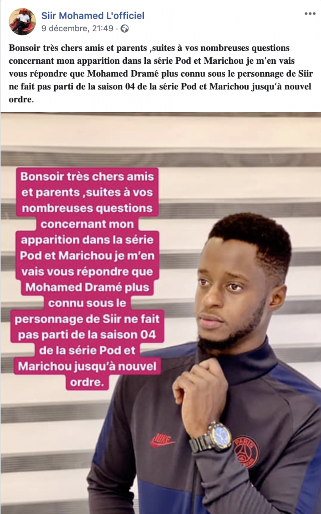 Après Pathé Séne , un autre acteur annonce son départ de la série Pod et Marichou (Photo)