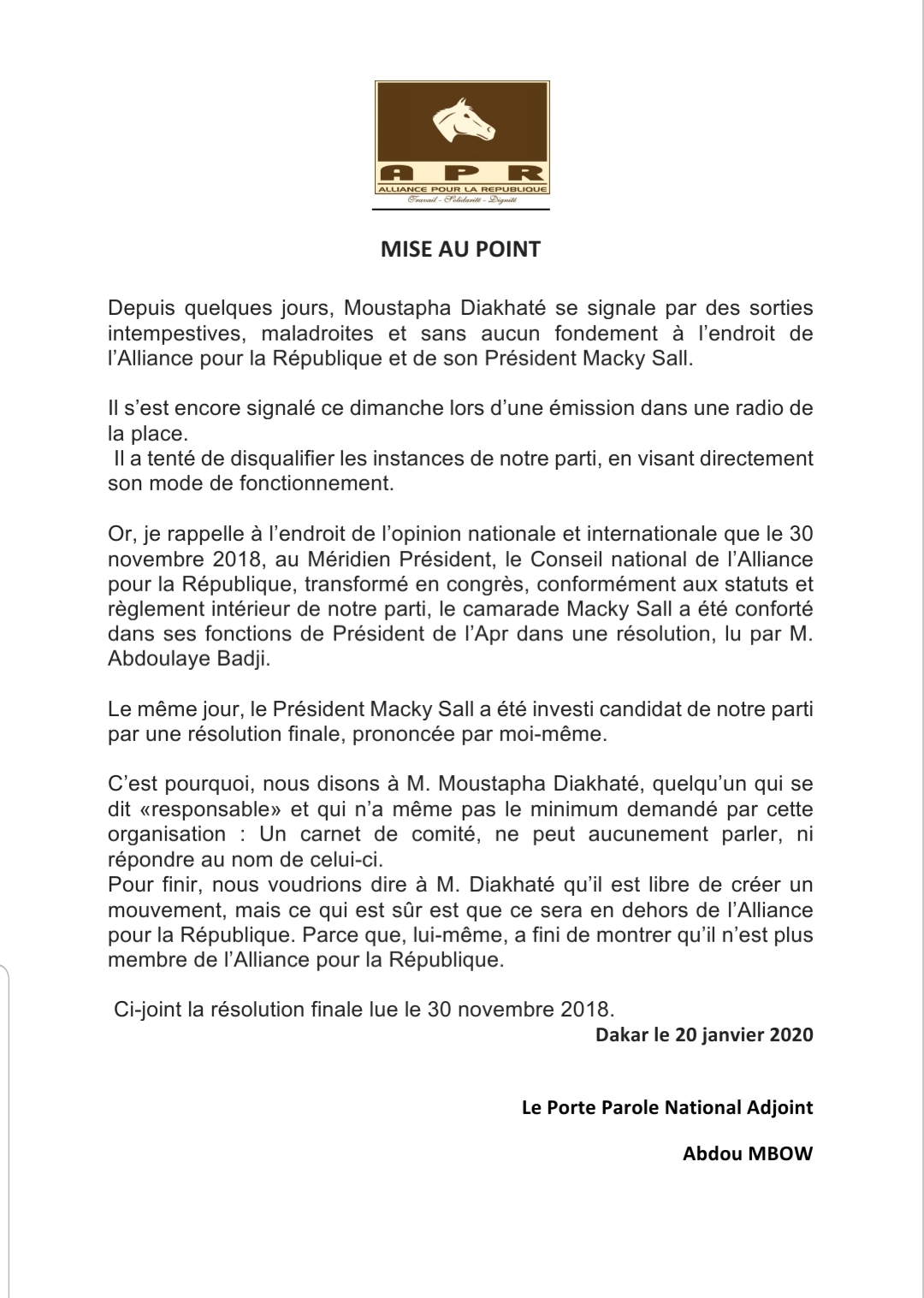 Abdou Mbow apporte la réplique à Diakhate "Il a fini de montrer qu'il n'est plus membre de l'APR"