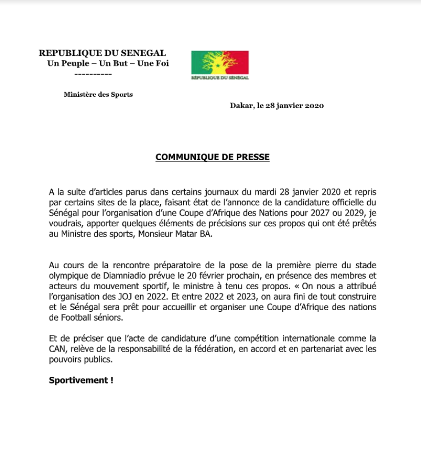 (Communiqué) « La décision d’organiser la CAN en 2027 ou 2029 n’est pas encore prise »