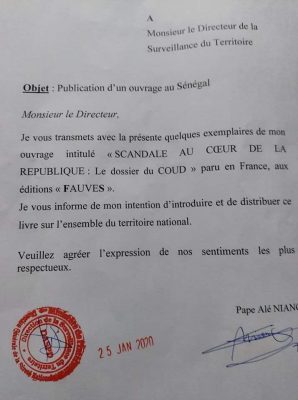 Pour l'entrée de son livre "Scandale au cœur de la République : Le dossier du COUD" : Pape Allé Niang écrit au DST. (Document)
