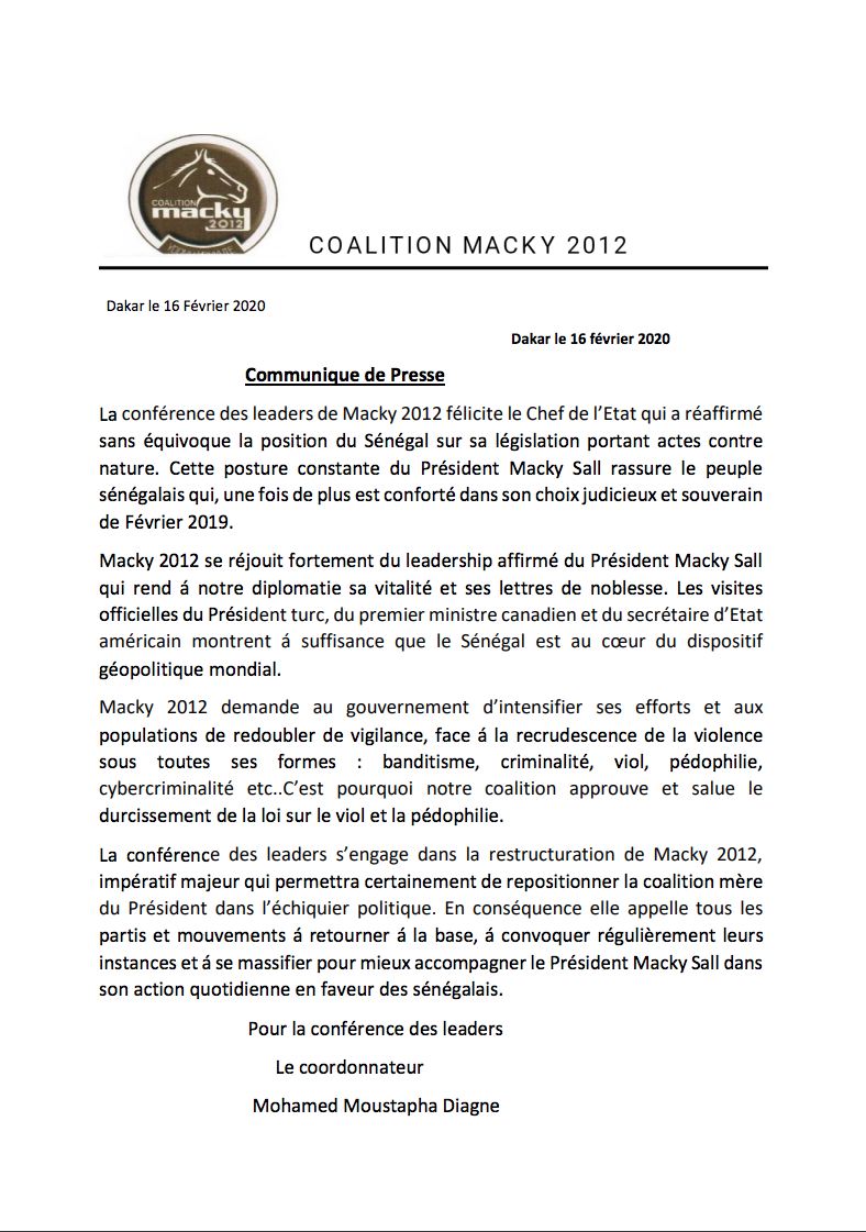 Communiqué: la conférence des leaders de Macky2012 salue le courage de Macky Sall sur la question de l'homosexualité