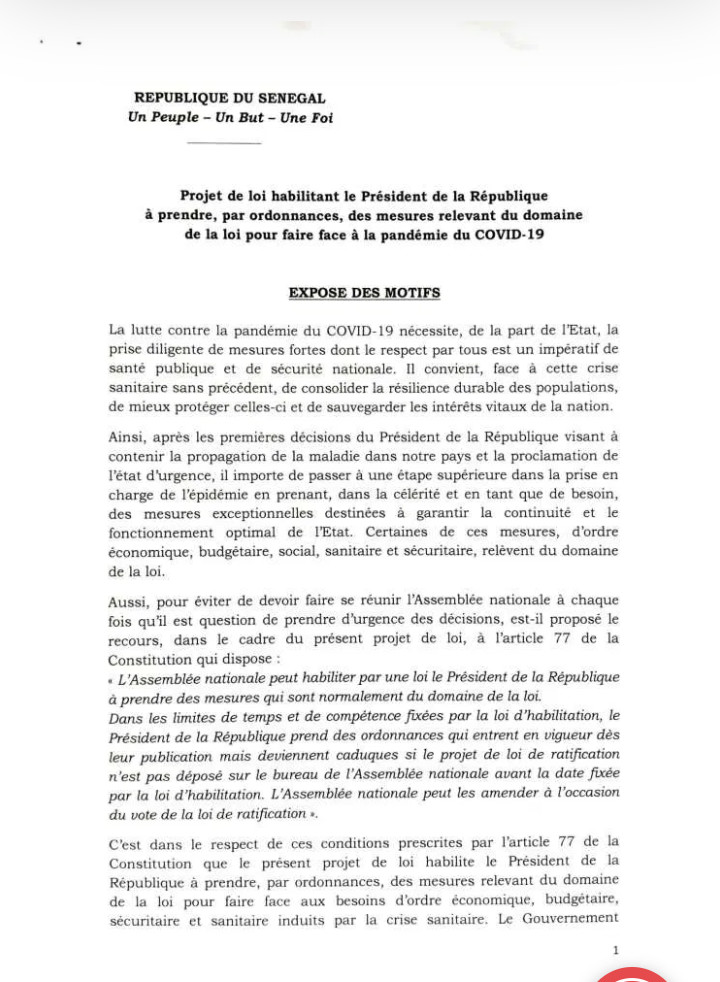 Covid19sn: voici le projet de loi habilitant le président Macky Sall à gérer par ordonnance (document)