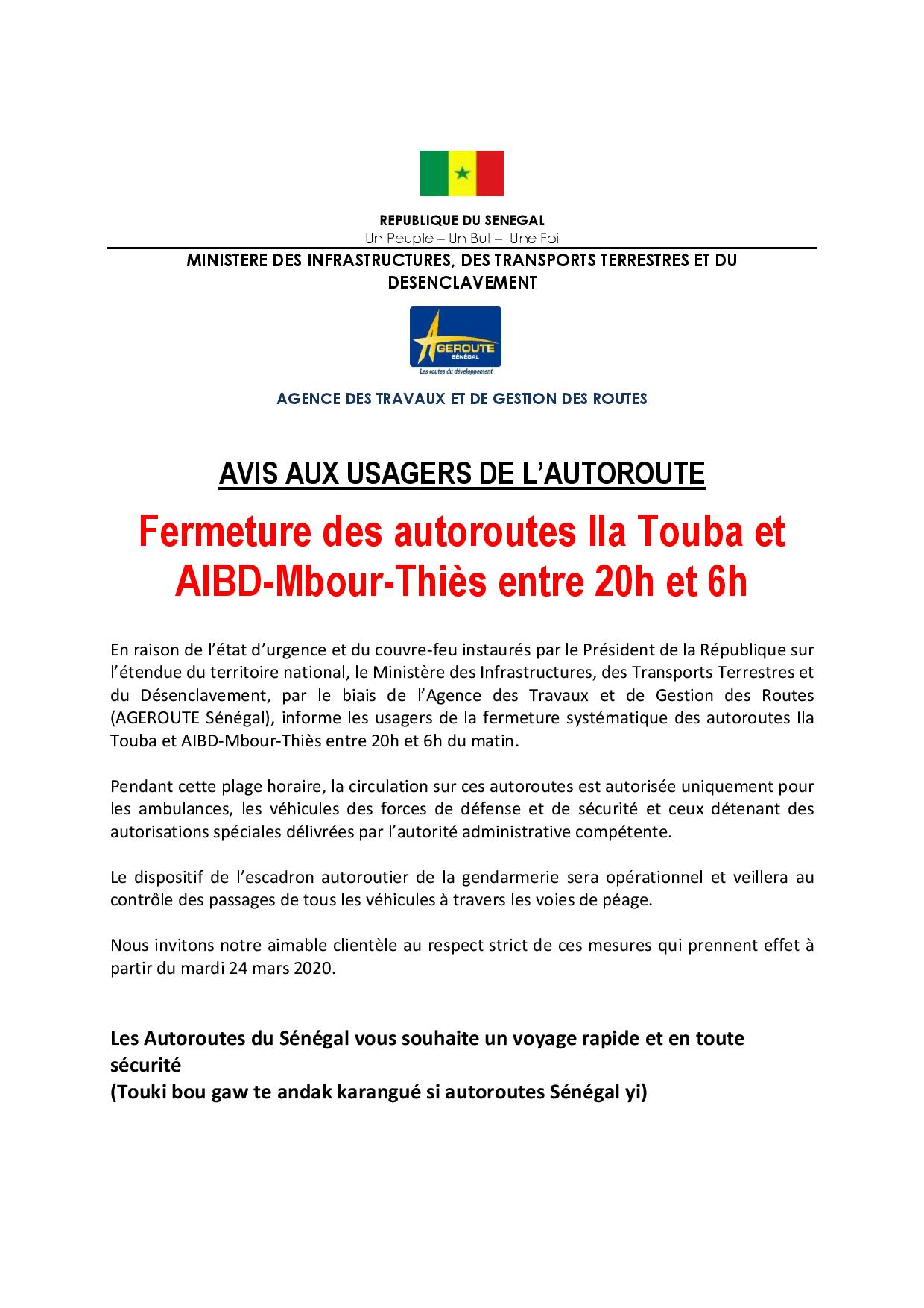 Lutte contre le Covid-19 : L'AGEROUTE réglemente la fermeture des autoroutes
