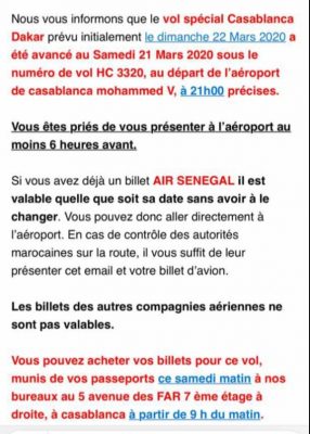 Coronavirus : Les sénégalais de Maroc seront rapatriés ce samedi soir