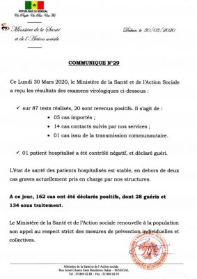 Coronavirus au Sénégal : 20 nouveaux cas positifs, 2 cas graves, 1 guéri