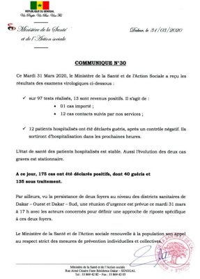 Coronavirus : 13 nouveaux cas déclarés positifs, ce mardi 31 mars 2020, 12 guéris