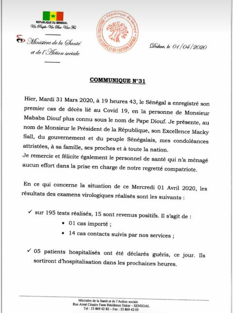 Coronavirus : 15 nouveaux cas déclarés positifs, ce mercredi 01 avril 2020