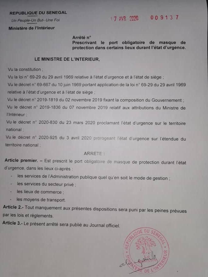 (Document) Coronavirus au Sénégal : Le port du masque obligatoire à partir de ce lundi 20 avril