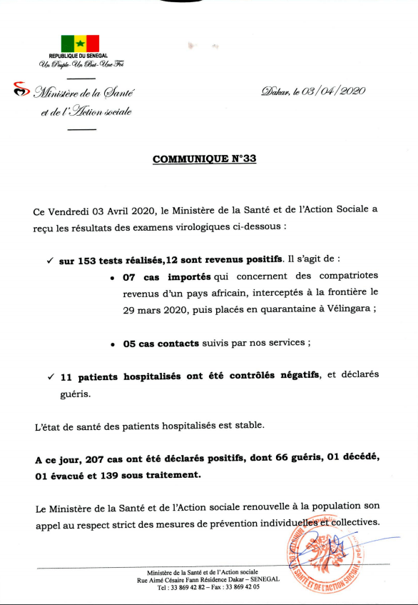 Coronavirus : 12 nouveaux cas déclarés positifs, ce vendredi 03 avril 2020