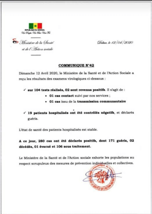 Covid-19 : 02 nouveaux cas déclarés positifs, ce dimanche 12 avril 2020