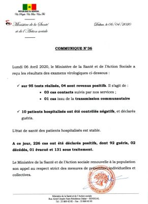 Coronavirus : 04 nouveaux cas déclarés positifs, ce lundi 06 avril 2020