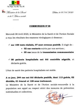 Covid-19 : 7 nouveaux cas déclarés positifs dont 5 nouveaux cas communautaires, ce mercredi 8 avril 2020