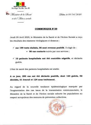 Covid-19 : 06 nouveaux cas déclarés positifs, ce jeudi 9 avril 2020