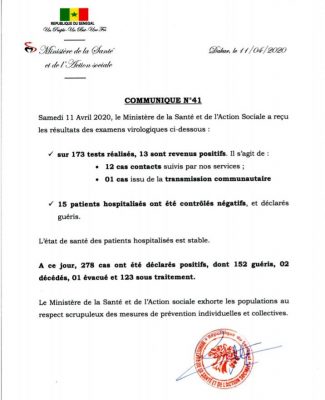 Covid-19 : 13 nouveaux cas déclarés positifs, ce samedi11 avril 2020