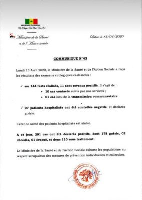 Covid-19 : 11 nouveaux cas déclarés positifs dont 1 nouveau cas communautaire, ce lundi 13 avril 2020