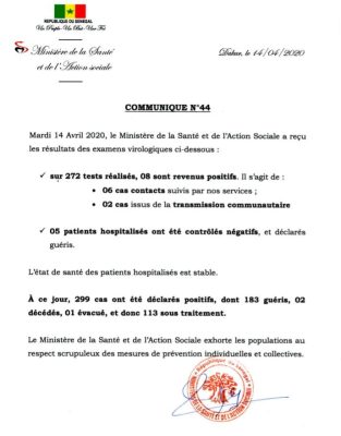 Covid-19 au Sénégal : 8 nouveaux cas déclarés positifs dont 2 nouveaux cas communautaires, ce mardi 14 avril 2020