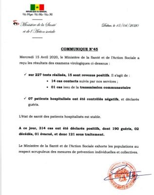Covid-19 au Sénégal : 15 nouveaux cas déclarés positifs, ce mercredi 15 avril 2020