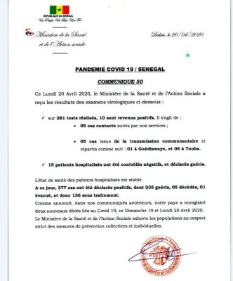 Coronavirus au Sénégal : 10 nouveaux cas positifs ce lundi 20 avril 2020