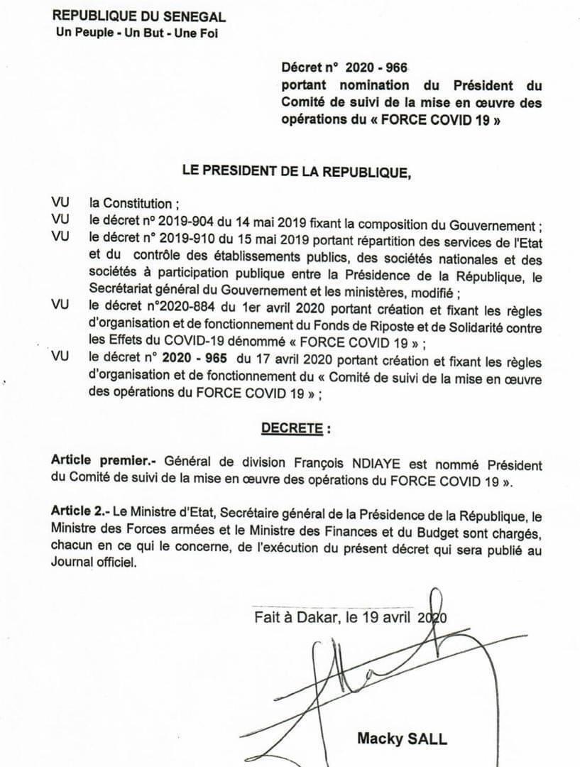 (Documents) Force Covid-19 : Macky nomme le Général François Ndiaye à la tête du comité de suivi