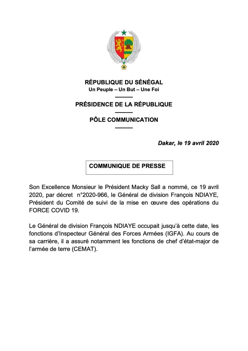 (Documents) Force Covid-19 : Macky nomme le Général François Ndiaye à la tête du comité de suivi