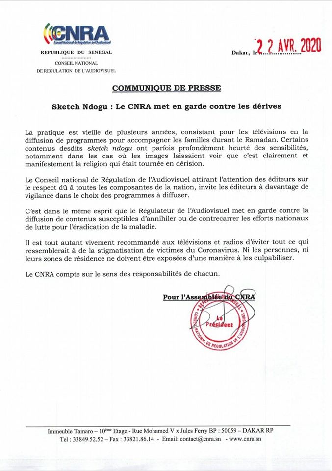 Sketch Ndogu : Le CNRA met en garde contre les dérives