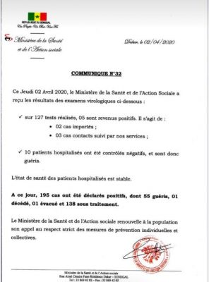 Coronavirus : 5 nouveaux cas déclarés positifs, ce jeudi 02 avril 2020