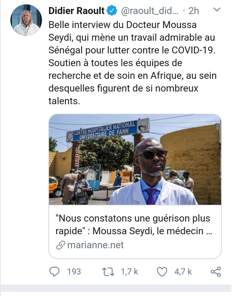 DIDIER RAOULT "Moussa Seydi mène un travail admirable au Sénégal"