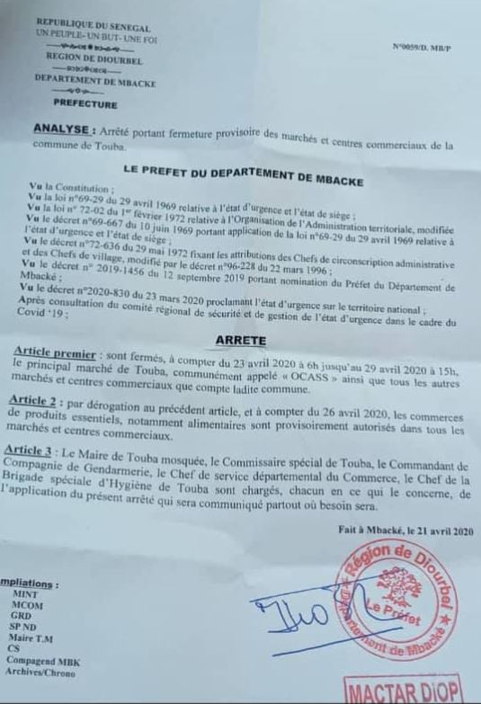 Touba: Marché Ocass et tout autre lieu de commerce fermés, pour une semaine(Officiel)