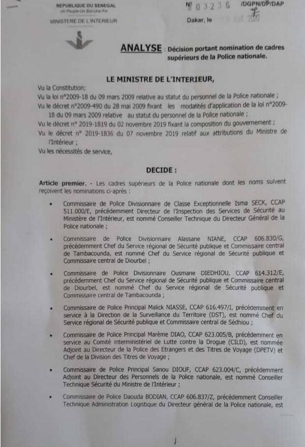 Police Nationale : Aly Ngouye Ndiaye procède à un vaste chamboulement