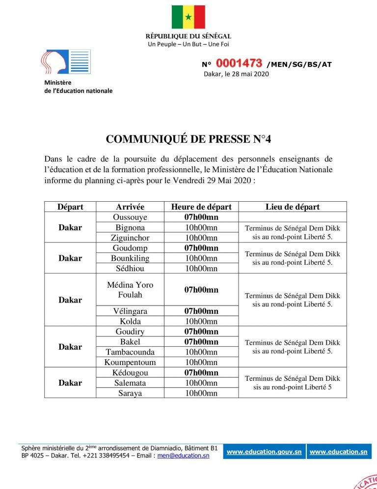 Dernière minute: Un nouveau planning pour le convoyage des enseignants dans leurs lieux de service (Document)