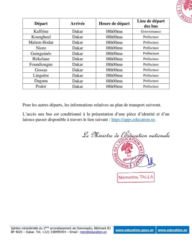 Dernière minute: Un nouveau planning pour le convoyage des enseignants dans leurs lieux de service (Document)