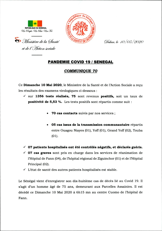 Covid-19 : 75 nouveaux cas positifs, 7 guéris !