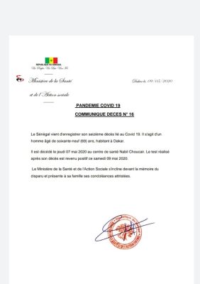 Coronavirus : Le Sénégal enregistre son 16ème décès à Dakar