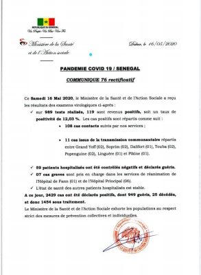Covid-19 au Sénégal: 119 nouveaux cas positifs, 59 guéris