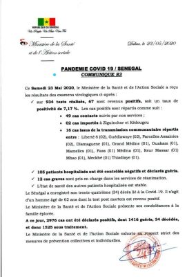 Covid-19 : Le Sénégal enregistre un 34e décès et deux cas nouveaux importés