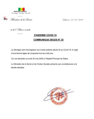 Covid-19: 36e décès au Sénégal (Communiqué)