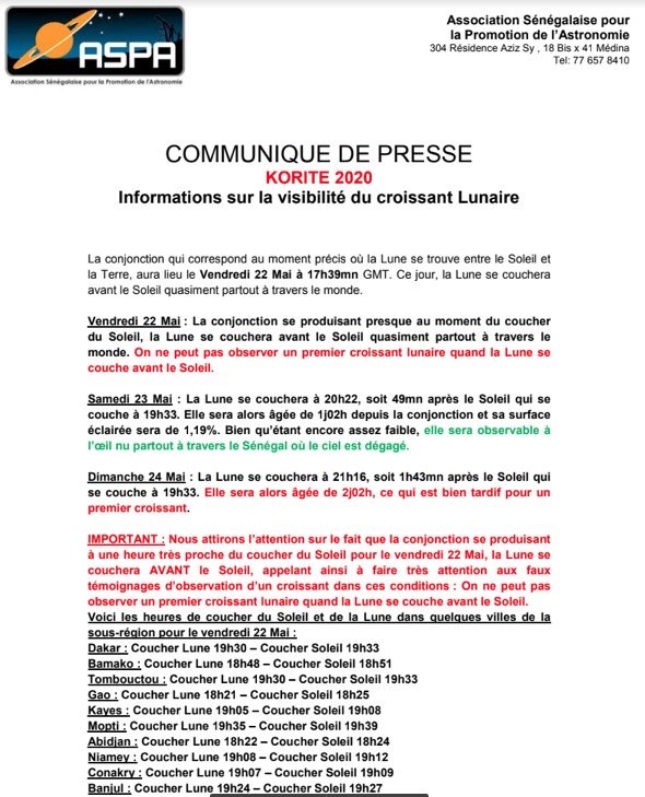 L'aspa se prononce sur la date de la Korité