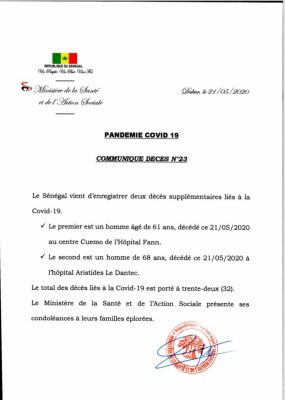 Covid-19 : le Sénégal enregistre 2 nouveaux décès