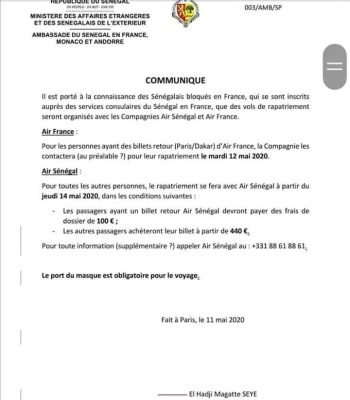 Covid-19: L'Etat organise le rapatriement des Sénégalais bloqués en France