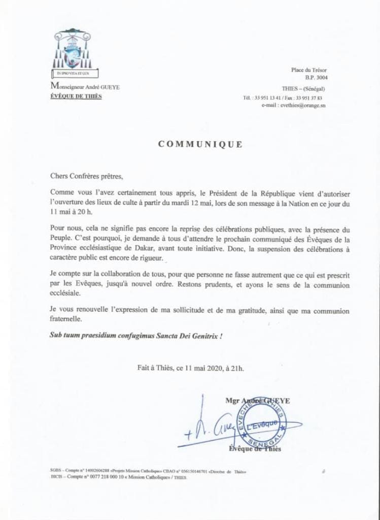 Urgent: L’Évêque de Thiès après le discours de Macky Sall "La suspension des célébrations à caractère public est encore de rigueur..."