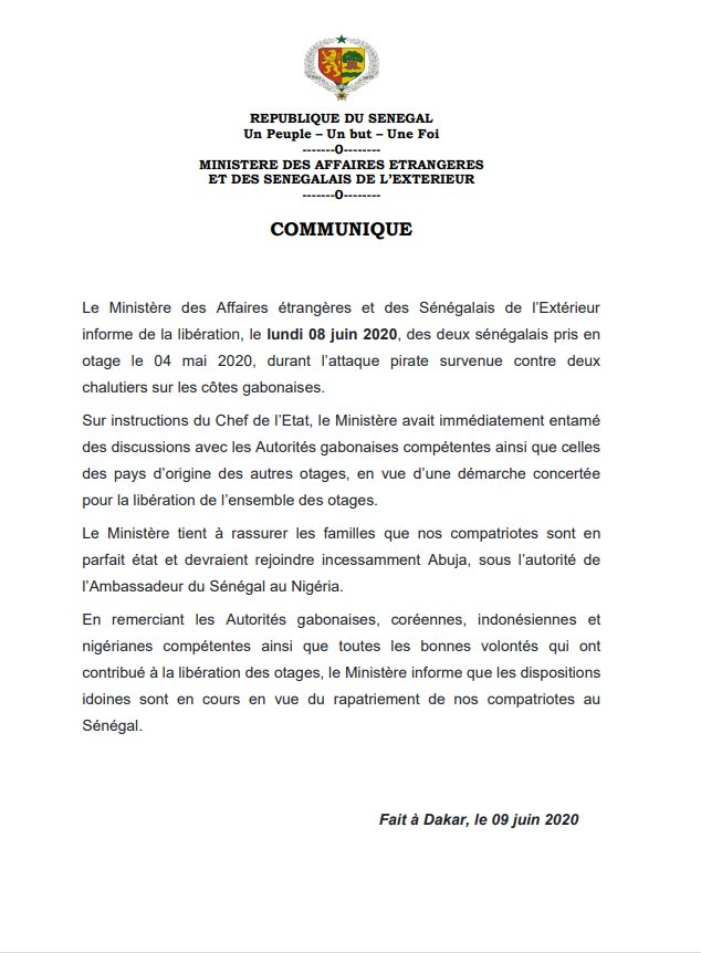 Attaque pirate au large de Gabon: Le Sénégal vient d'obtenir la libération des deux sénégalais pris en otage