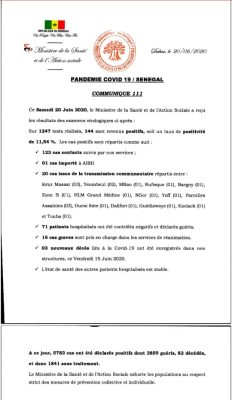 Covid-19 : 144 nouveaux cas déclarés positifs et 3 nouveaux décés