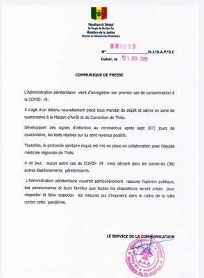 Un cas de Coronavirus détecté à la Mac de Thiès (Communiqué)