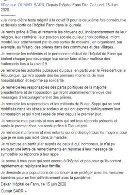 Guéri de la Covid-19, Omar Sarr appelle la population à plus de prudence