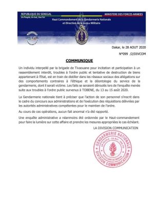 La Gendarmerie réagit aux accusations de torture portées contre elle par l'activiste Ardo Gningue (Communiqué)