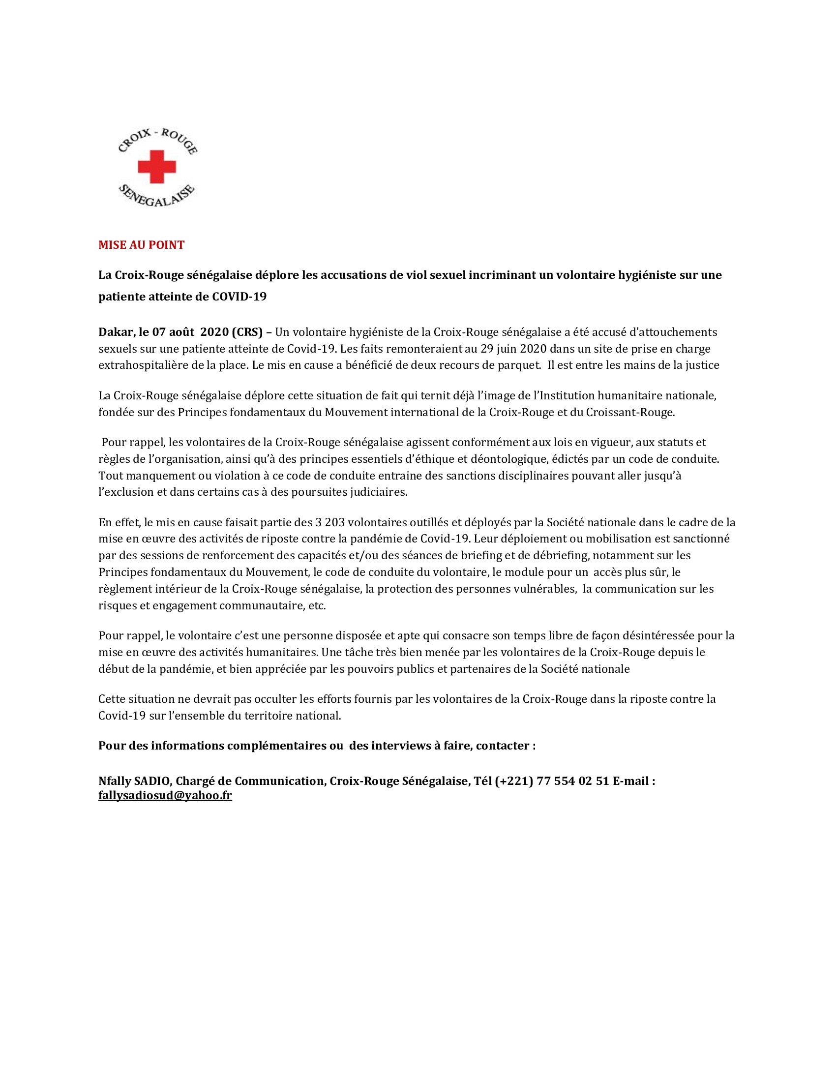 MISE AU POINT: La Croix-Rouge sénégalaise déplore les accusations de vi0l Sexuel incriminant un volontaire hygiéniste sur une patiente atteinte de COVID-19